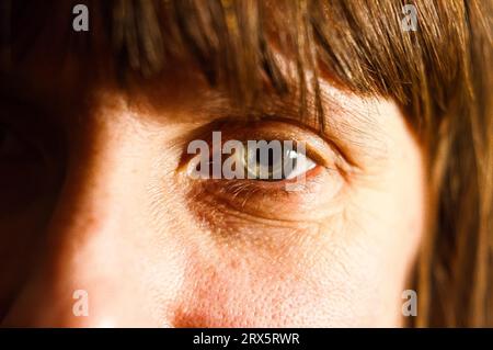 Warmes Farbfoto mit fotografischer Körnung (kein Rauschen!) Eines Frauenauges mit harter Kontaktlinse Stockfoto