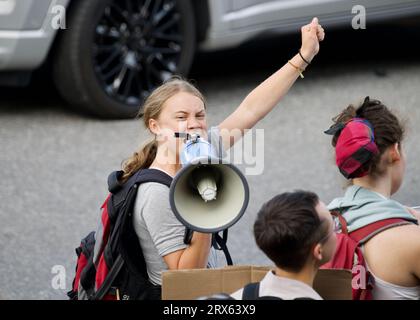 STOCKHOLM, SCHWEDEN - 22. SEPTEMBER 2023: Greta Thunberg und Freitag für die Zukunftsdemonstration in Stockholm, Schweden. Stockfoto