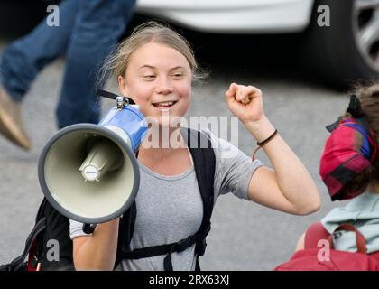 STOCKHOLM, SCHWEDEN - 22. SEPTEMBER 2023: Greta Thunberg und Freitag für die Zukunftsdemonstration in Stockholm, Schweden. Stockfoto