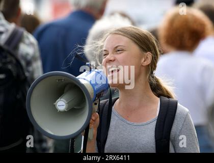 STOCKHOLM, SCHWEDEN - 22. SEPTEMBER 2023: Greta Thunberg und Freitag für die Zukunftsdemonstration in Stockholm, Schweden. Stockfoto