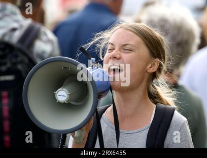 STOCKHOLM, SCHWEDEN - 22. SEPTEMBER 2023: Greta Thunberg und Freitag für die Zukunftsdemonstration in Stockholm, Schweden. Stockfoto