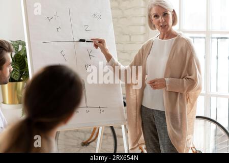 Die Trainerin für Geschäftsleute bietet hilfreiche Informationen für junge Mitarbeiter Stockfoto