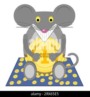 Maus mit Münze. Lustige glückliche Maus sitzt auf einem Teppich mit verstreuten Goldmünzen. Isolierte Abbildung. Zeichentrickfigur im flachen Stil. Stock Vektor