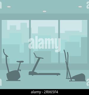 Fitness-Studio mit Sportgeräten. Innenraum des Fitnesscenters. Legen Sie Silhouetten von Ikonen, Trainingsgeräten für Heimtrainer, Stepper und Laufband fest. Stock Vektor