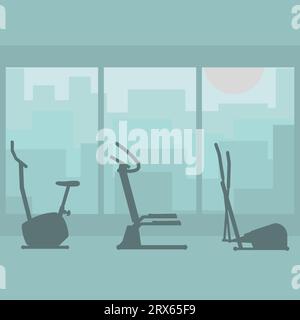 Fitness-Studio mit Silhouetten und Sportgeräten. Innenraum des Fitnesscenters. Silhouettenset für Heimtrainer, Stepper und Crosstrainer. Stock Vektor