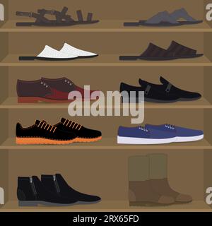 Stellen Sie verschiedene Arten von Männerschuhen und -Stiefeln in die Regale. Herrenpaare mit Schuhen auf dem Regal des Stores. Stock Vektor