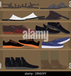 Set verstreuter Herrenschuhe in den Regalen. Verschiedene Arten von Herrenschuhen. Chaos und Chaos im Schrank auf den Regalen und Regalen. Stock Vektor