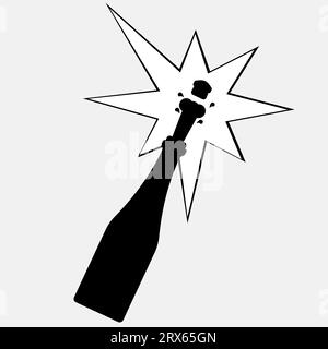 Champagnerexplosion mit Kork. Silhouette einer offenen Champagnerflasche mit Spitzkork. Vektorillustration. Stock Vektor