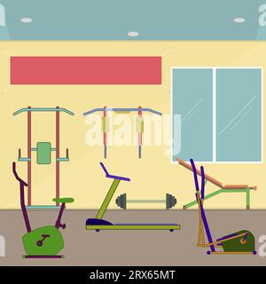 Sportclub-Innenausstattung mit Trainingsgeräten für Training und Fitness. Sportausrüstung und Banner an der Wand für Text. Stock Vektor