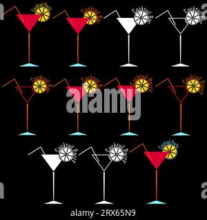 Set Cocktailglas mit Trinkhalm und Zitronenfrucht. Stock Vektor