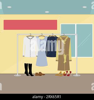 Damenbekleidung und -Schuhe auf einem Kleiderbügel in einem Geschäft. Großes Banner an der Wand für Text oder Beschriftung. Vektorillustration in flacher Ausführung. Stock Vektor