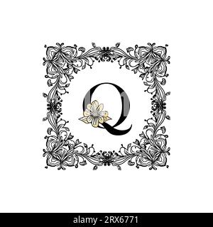 Q floraler Buchstabe, Q im floralen Rahmen, floraler Rahmen Stock Vektor