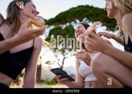 Lachende junge Freunde genießen Picknick im Park Stockfoto