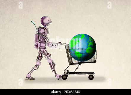Roboter, der den Supermarktwagen mit dem Planeten Erde schiebt Stockfoto
