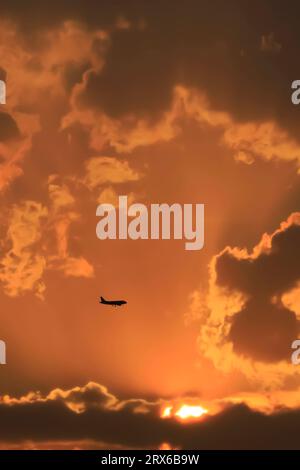 Silhouette eines kommerziellen Flugzeugs, das bei Sonnenuntergang gegen den stimmungsvollen Himmel fliegt Stockfoto