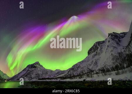 Norwegen, Troms og Finnmark, Grüne Nordlichter über Mefjord Stockfoto