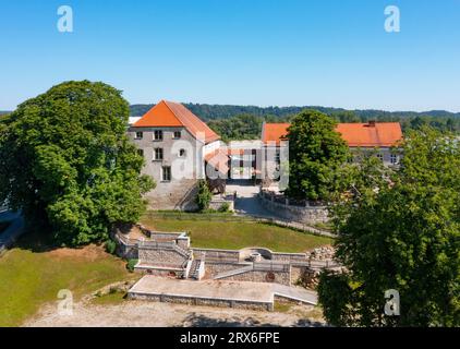 Österreich, Oberösterreich, Bergbau, Draufsicht auf Schloss Frauenstein im Sommer Stockfoto