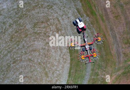 Drohnenansicht des Traktors mit drehbaren Rechen, die Heu drehen Stockfoto