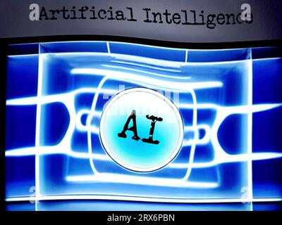 Textnachricht – Künstliche Intelligenz. Text, der mit einem Vintage-Typ geschrieben wurde. Futuristische Präsentation neuer Technologien in Form eines Logos Stockfoto