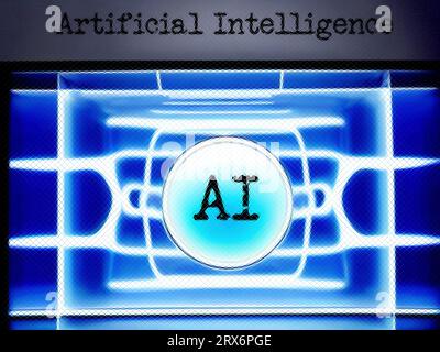 Textnachricht – Künstliche Intelligenz. Text, der mit einem Vintage-Typ geschrieben wurde. Futuristische Präsentation neuer Technologien in Form eines Logos Stockfoto
