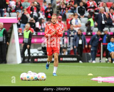 München, Deutschland 23. September 2023: Fussball, Herren, Bundesliga, Saison 2023/2024, FC Bayern München - VFL Bochum, Allianz Arena Harry Kane (FC Bayern München) klatschen, Fans begrüssen die DFB-Vorschriften verbieten die Verwendung von Fotografien als Bildsequenzen und/oder Quasi-Video Stockfoto