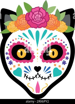 Katzengesicht mit einem farbenfrohen Make-up aus Zuckerschädel und Blumenkranz. Tag der Toten. Dia de los Muertos. Vektorillustration Stock Vektor