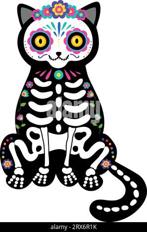 Skelettkatze mit einem farbenfrohen Make-up aus Zuckerschädel und Blumenkranz. Tag der Toten. Dia de los Muertos. Vektorillustration Stock Vektor
