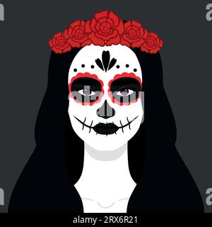 Frau mit einem Make-up aus Zuckerschädel und rotem Blumenkranz. Tag der Toten. Dia de los Muertos. Vektorillustration Stock Vektor