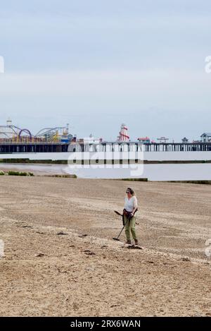 Frau, die Metall am Strand von Clacton auf See entdeckt. Stockfoto