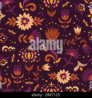 Nahtloses Vintage-Muster. Mexikanische oder slawische Volksblumen, bunte Knospen und Blätter, für Day of the Dead Dia de los Muertos oder Cinco de Mayo Festiv Stock Vektor