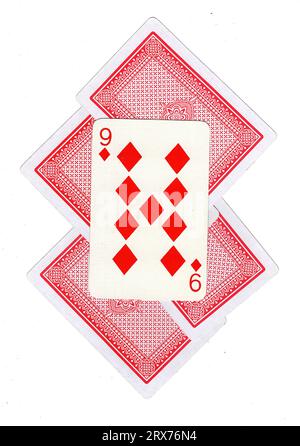 Eine Montage von Vintage-Spielkartenrückseiten mit den neun Diamanten wurde enthüllt. Stockfoto