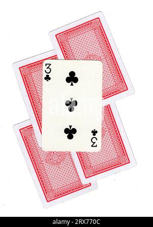 Eine Montage von Vintage-Spielkarten-Rückseiten mit den drei Vereinen wurde enthüllt. Stockfoto