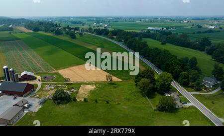 Ein Luftblick am späten Nachmittag auf Ackerland, Maisfelder, abgeerntete Felder, Silos, Barns und Rural Road, Sommertag Stockfoto