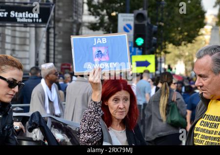 Werfen Sie ein wokey-Plakat auf dem Anti-ulez-Anti-Impfstoff Anti-khan-Anti-Lockdown Anti viele Dinge Verschwörungstheoretiker bizarre Mischung von Menschen demonstrieren in Central london england samstag, 23. september 2023 Stockfoto