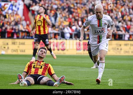 Mechelen, Belgien. September 2023. OHL-Spieler Jon Thorsteinsson erzielt am Samstag, den 23. September 2023, in Mechelen, am 08. Tag der Saison 2023-2024 in der ersten Liga der belgischen Meisterschaft, ein Tor bei einem Fußballspiel zwischen KV Mechelen und OH Leuven. BELGA PHOTO LAURIE DIEFFEMBACQ Credit: Belga News Agency/Alamy Live News Stockfoto