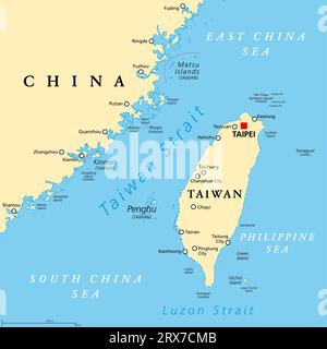 Taiwan Strait, politische Landkarte. Wichtige Wasserstraßen und umstrittene internationale Gewässer, die die Insel Taiwan und Kontinentalasien trennen. Stockfoto