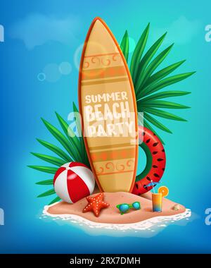 Sommerparty am Strand. 3D-Surfbrett und tropischer Cocktail. Urlaub auf Sandinsel. Schwimmender aufblasbarer Ring oder Ball. Extreme Urlaubsaktivität. Palmblätter. Surfbrett und Sonnenbrille. Vektorhintergrund Stock Vektor