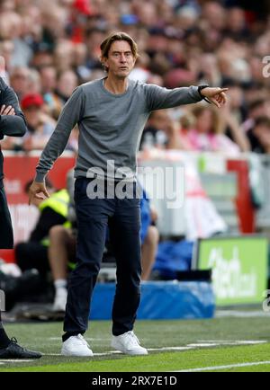 Brentford-Manager Thomas Frank während des Spiels der Premier League im Gtech Community Stadium in London. Bilddatum: Samstag, 23. September 2023. Stockfoto