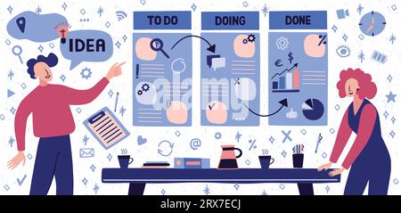 Geschäftsstrategie. Workflow für die Teamplanung der Mitarbeiter. Büroorganisation. Zeitmanagement. Kanban-Platine. Teamarbeit der Mitarbeiter. Projektaufgaben. Agenda und Terminplan. Agile Methodik. Vektorkonzept Stock Vektor