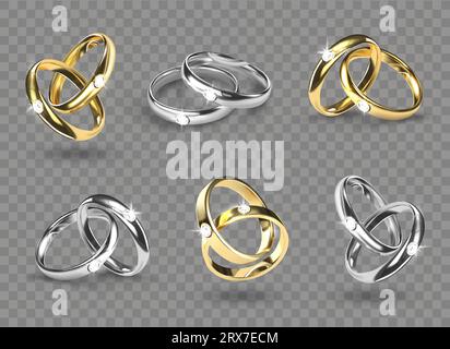 Silberne, goldene Eheringe. 3D-Schmuck, goldenes Symbol der Ehe, Bräutigam und Braut, Hochzeit Hochzeit Hochzeit, glänzende Accessoires, luxuriöse Herzen. Ein glänzendes Accessoire. Realistische Vektordarstellung Stock Vektor