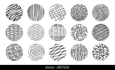 Linienmuster. Abstrakte Kritzelsymbole, schwarze Kurvenstruktur, runde Spirale und geometrische Kunst, Grunge-Pinsel. Verschiedene Linien. Handgezeichnete isolierte Elemente kritzeln. Dekorative Minimalsymbole. Vektordesign Stock Vektor