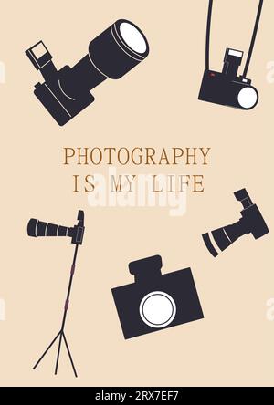 Fotografen. Optische Ausrüstung. Fotokameras. Aufnehmen von Bildern. Fotografischer Blitz und Armband. Professionelles Stativ. Hobby fotografieren. Kartendesign Stock Vektor