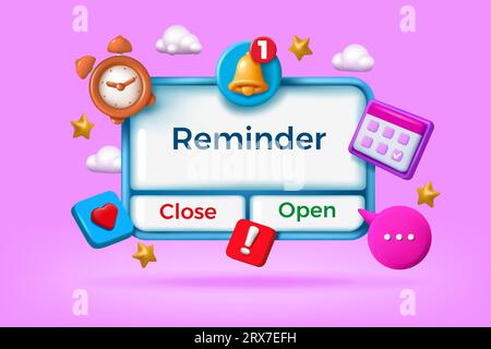3D-Erinnerung. Benachrichtigung rendert Nachricht. Kalenderdatensymbol mit Uhrzeit und Notiz. Alarmglocke. Digital Choice-Schnittstelle. Ankündigung von Geschäftsmitteilungen. Terminplannotiz. Taste drücken. Vektorkonzept Stock Vektor
