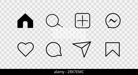Symbole für Herz, Kommentar, Senden und Lesezeichen für die Benutzeroberfläche. Design für soziale Medien. Vektorzeichen auf transparentem Hintergrund. Schwarze Liniensymbole. Stock Vektor