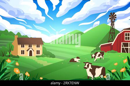 Auf Dem Land. Bauerndorf, Felder und blauer Himmel, Ackerland und Kuh in ländlicher Landschaft, Landpanorama. Hügel und Wolken. Naturlandschaft mit Haus und Scheune. Vektor-Hintergrund flach Stock Vektor