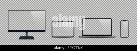Bildschirmmodell. Desktop-Monitor, Tablet, Telefon oder pc-Gerät, leere Website auf Notebook. Werbung auf dem Display, transparenter Hintergrund. Touchscreen-Vektor realistisch isolierte elektronische Elemente Set Stock Vektor