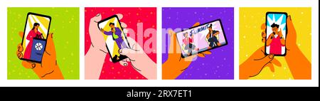 Telefon in der Hand. Personen, die ein Mobilgerät halten. Smartphone mit Podcast. Kritzeln Sie Personen, die Nachrichten oder Filme sehen. Social-Media-Inhalte. Video-Blog. Digitale Mobiltelefontechnologie. Vector Cartoon trendiges Set Stock Vektor