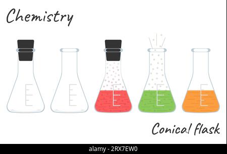 Vektorillustration. Chemie. Konische Kolben mit Lösungen. Stock Vektor