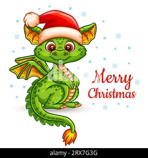 Niedlicher Weihnachts-Fantasy-Drache, Dinosaurier im Weihnachtshut, Chinesischer Neujahrsfeiertag. Magisches Feuerechidechsenreptil. Dino-Tierfigur. Grußkartenvektor Stock Vektor