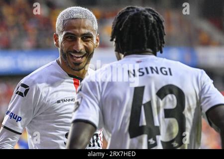 Mechelen, Belgien. September 2023. OHL-Youssef Maziz feiert nach einem Fußballspiel zwischen KV Mechelen und OH Leuven, Samstag, den 23. September 2023 in Mechelen, am 08. Tag der Saison 2023-2024 der „Jupiler Pro League“, der ersten Liga der belgischen Meisterschaft. BELGA PHOTO LAURIE DIEFFEMBACQ Credit: Belga News Agency/Alamy Live News Stockfoto